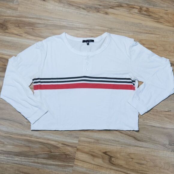 🧚‍♂️White w/Red & Black Stripes Cropped Long Sleeve Top Medium - Picture 1 of 9